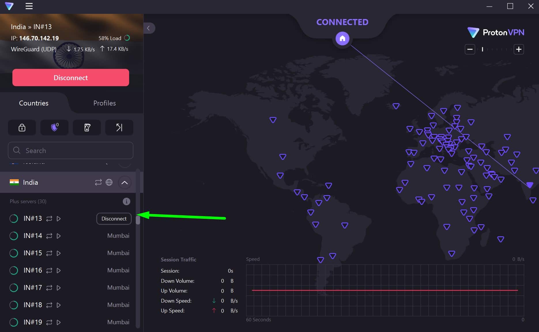 Screenshot showing ProtonVPN's Indian servers