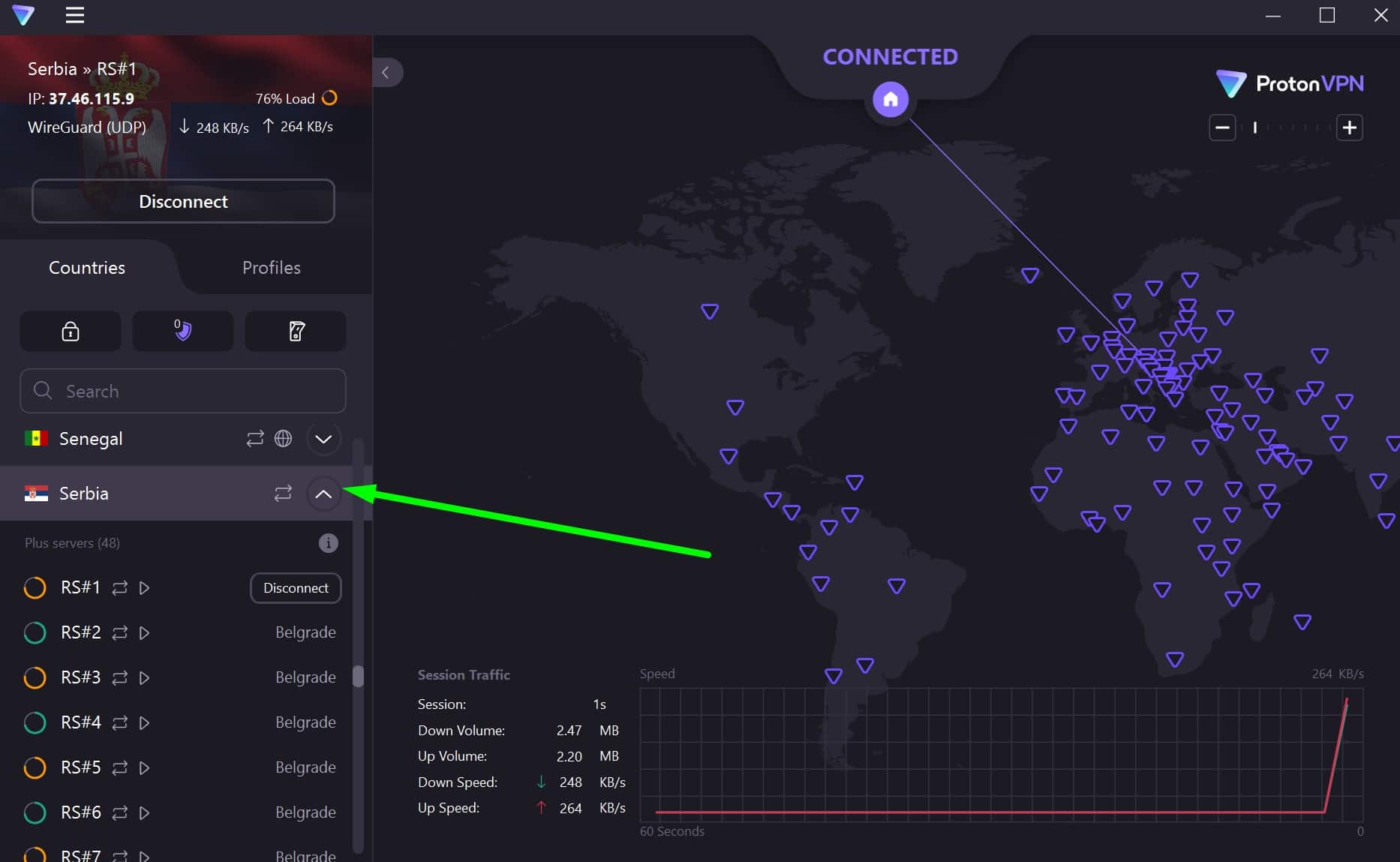 Screenshot showing ProtonVPN's Serbia servers