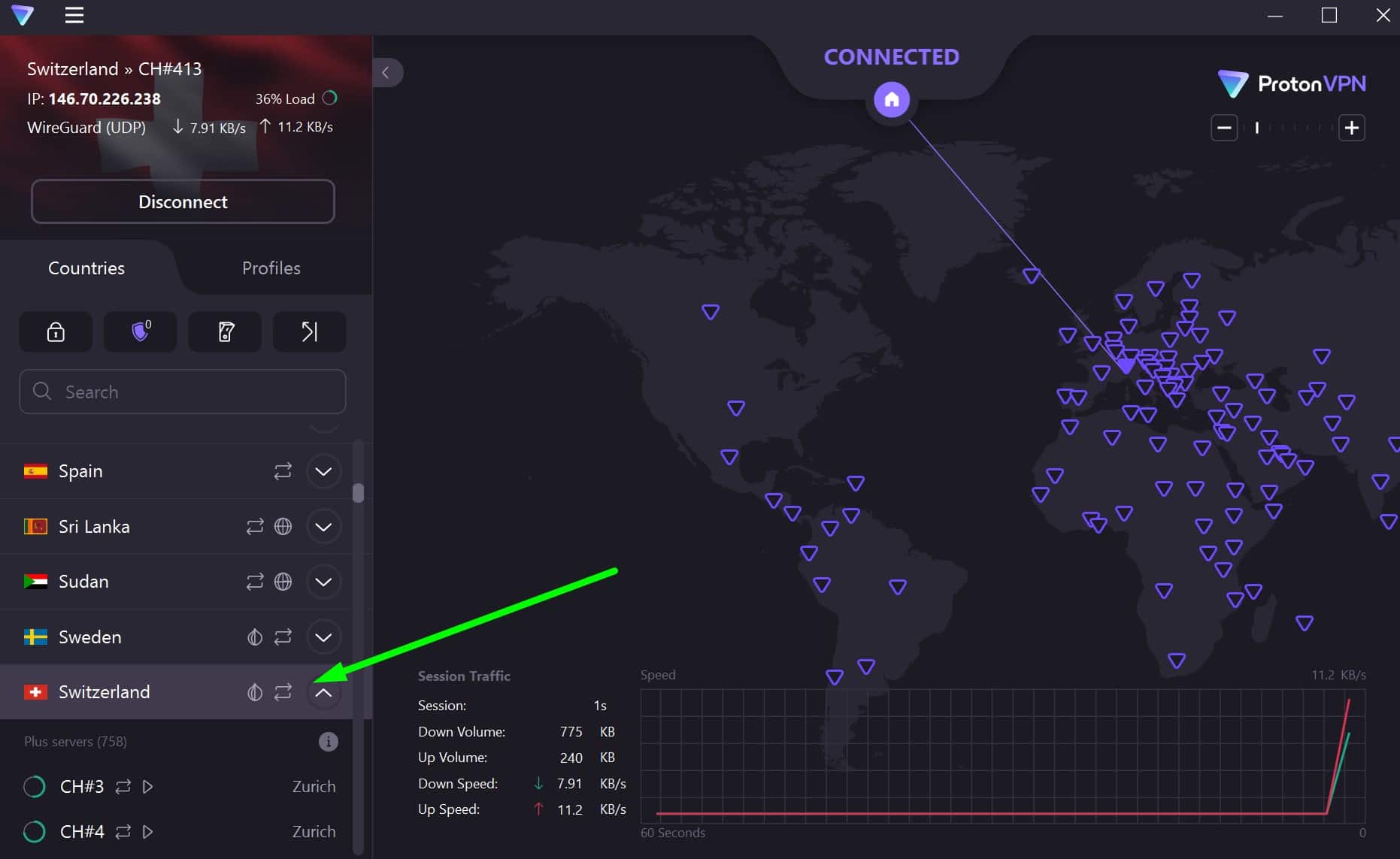 Screenshot showing ProtonVPN's Swiss servers