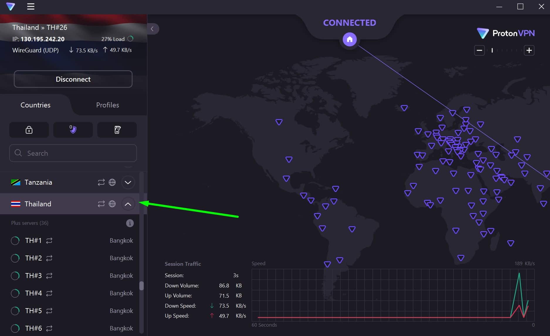 Screenshot showing ProtonVPN's Thailand servers