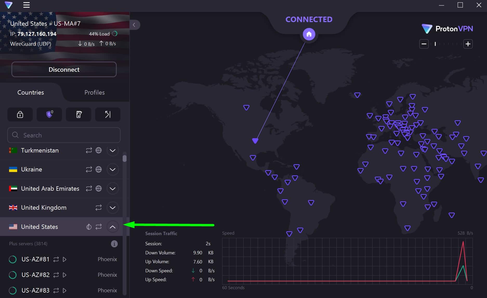 Screenshot of ProtonVPN's US servers