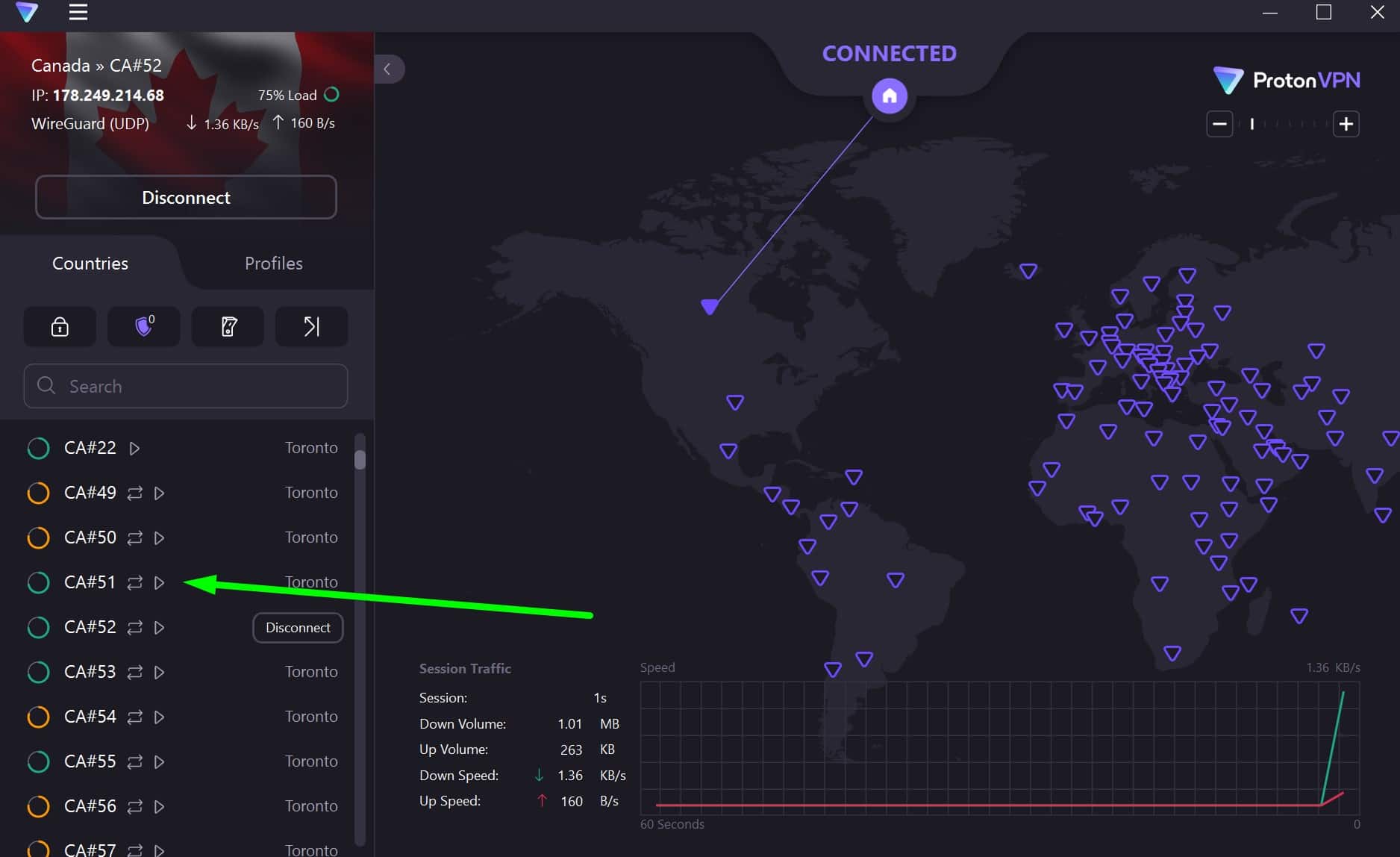 Screenshot showing ProtonVPN's canadian servers