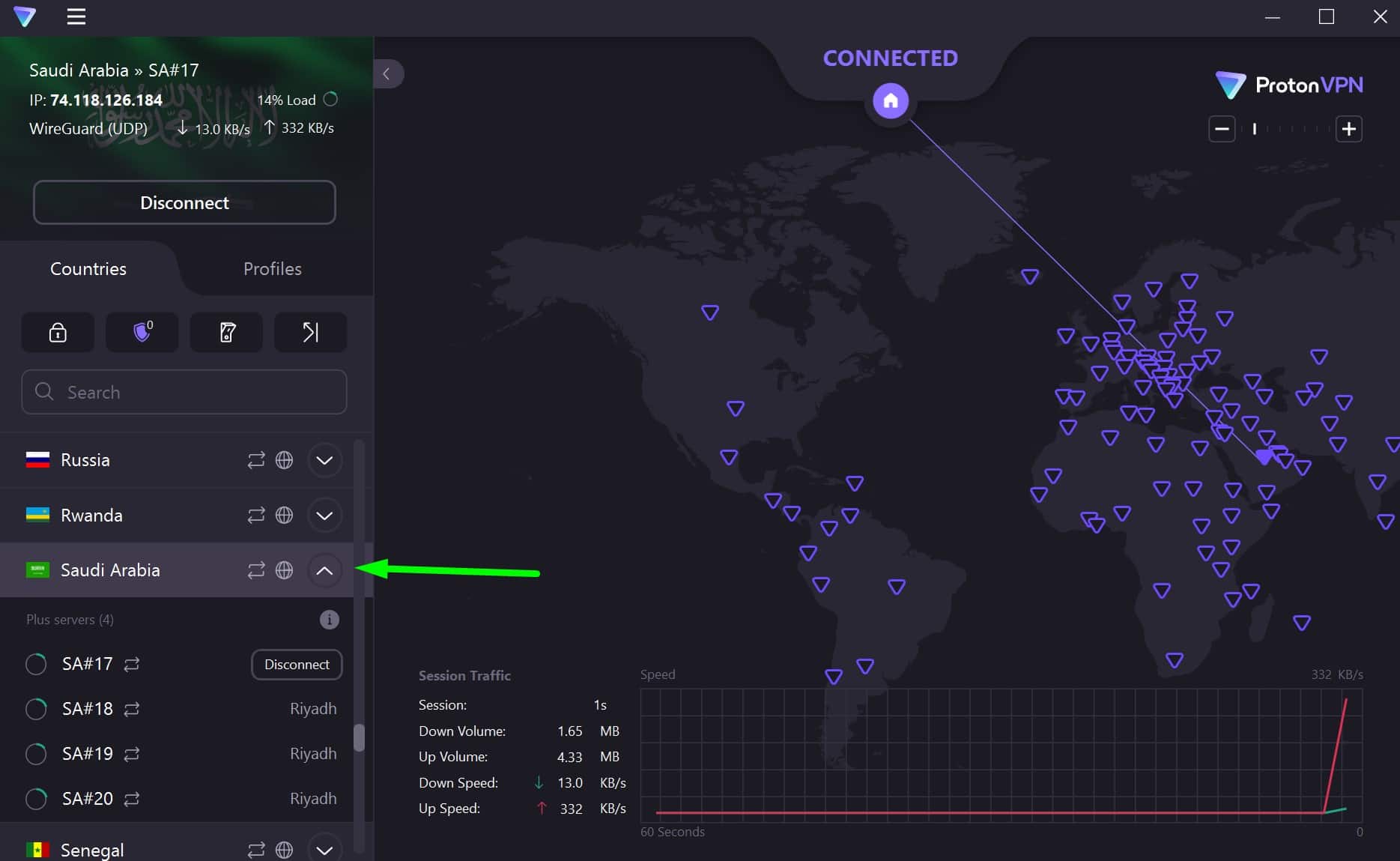 Screenshot showing ProtonVPN's Saudi servers