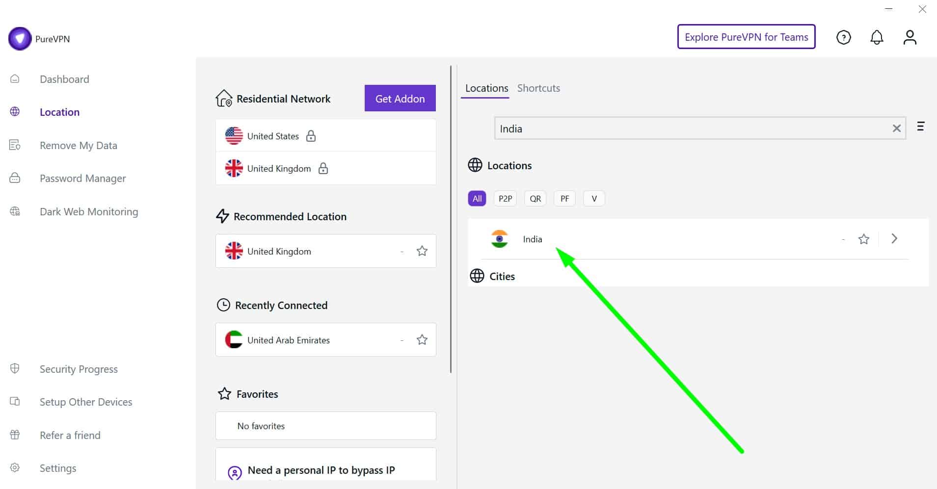 Screenshot of PureVPN's Indian servers
