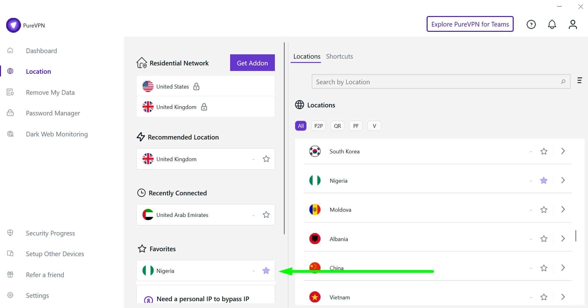Screenshot showing PureVPN's Nigeria servers