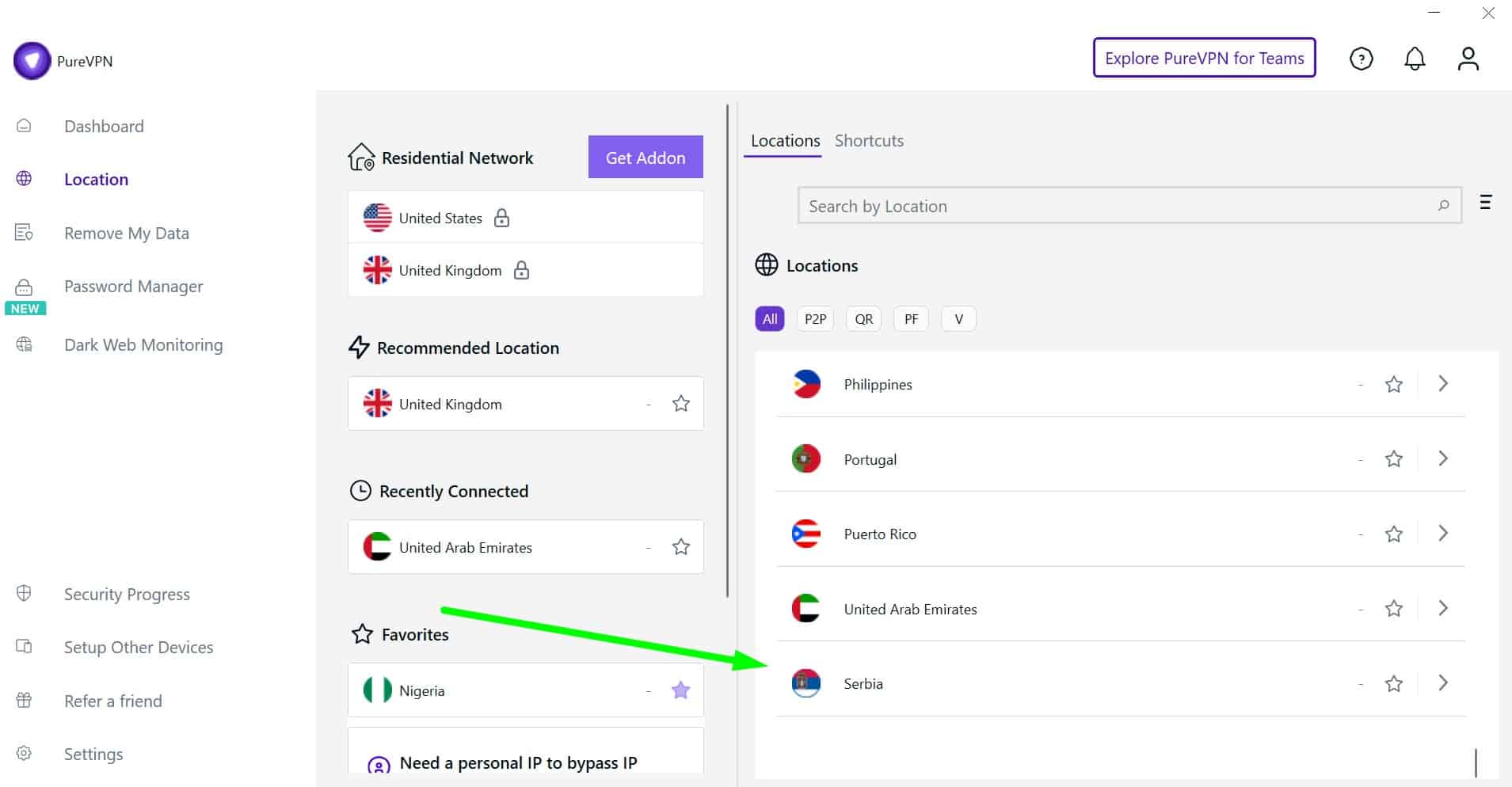 Screenshot showing PureVPN's Serbia servers