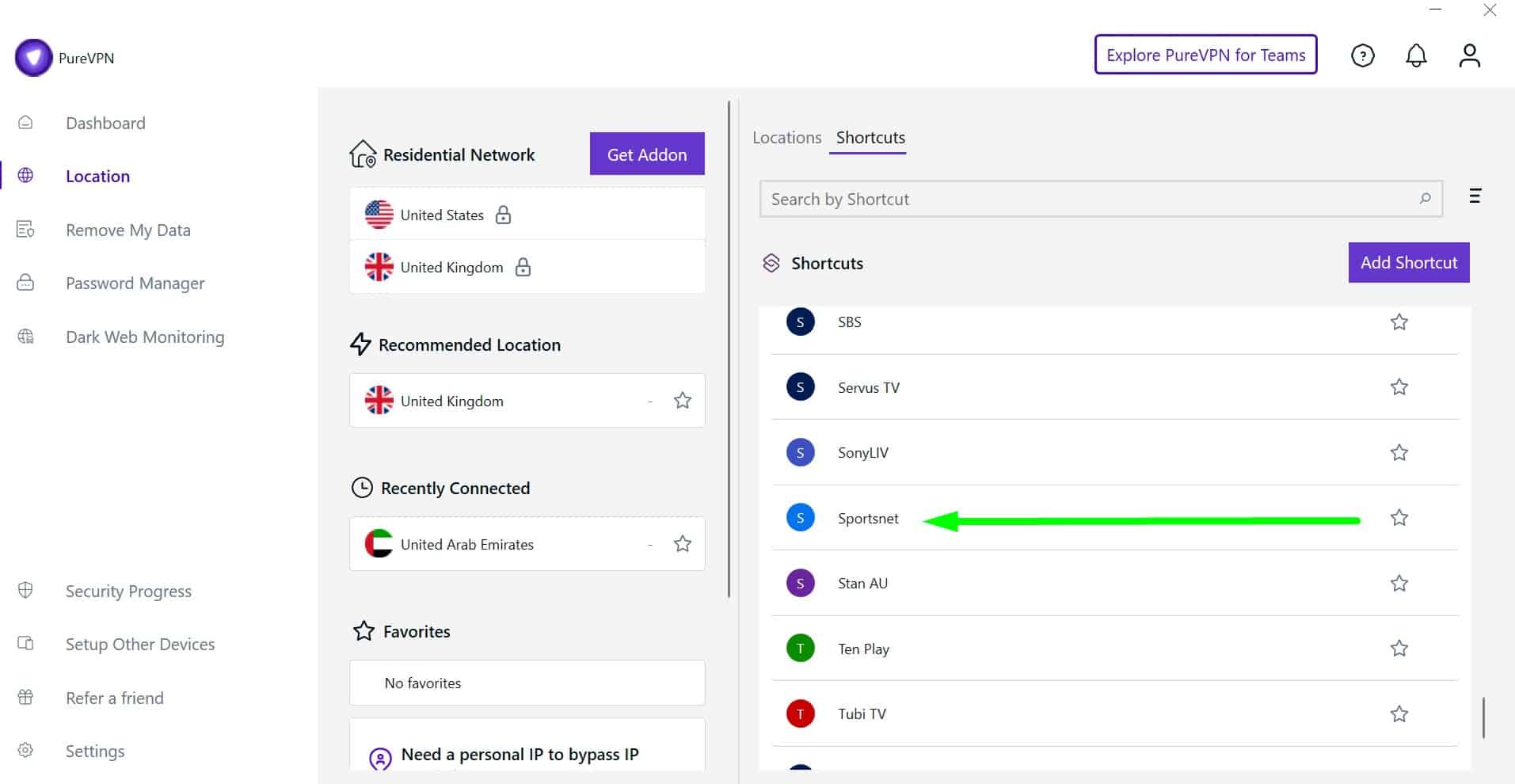 Screenshot showing PureVPN's Sportsnet streaming server