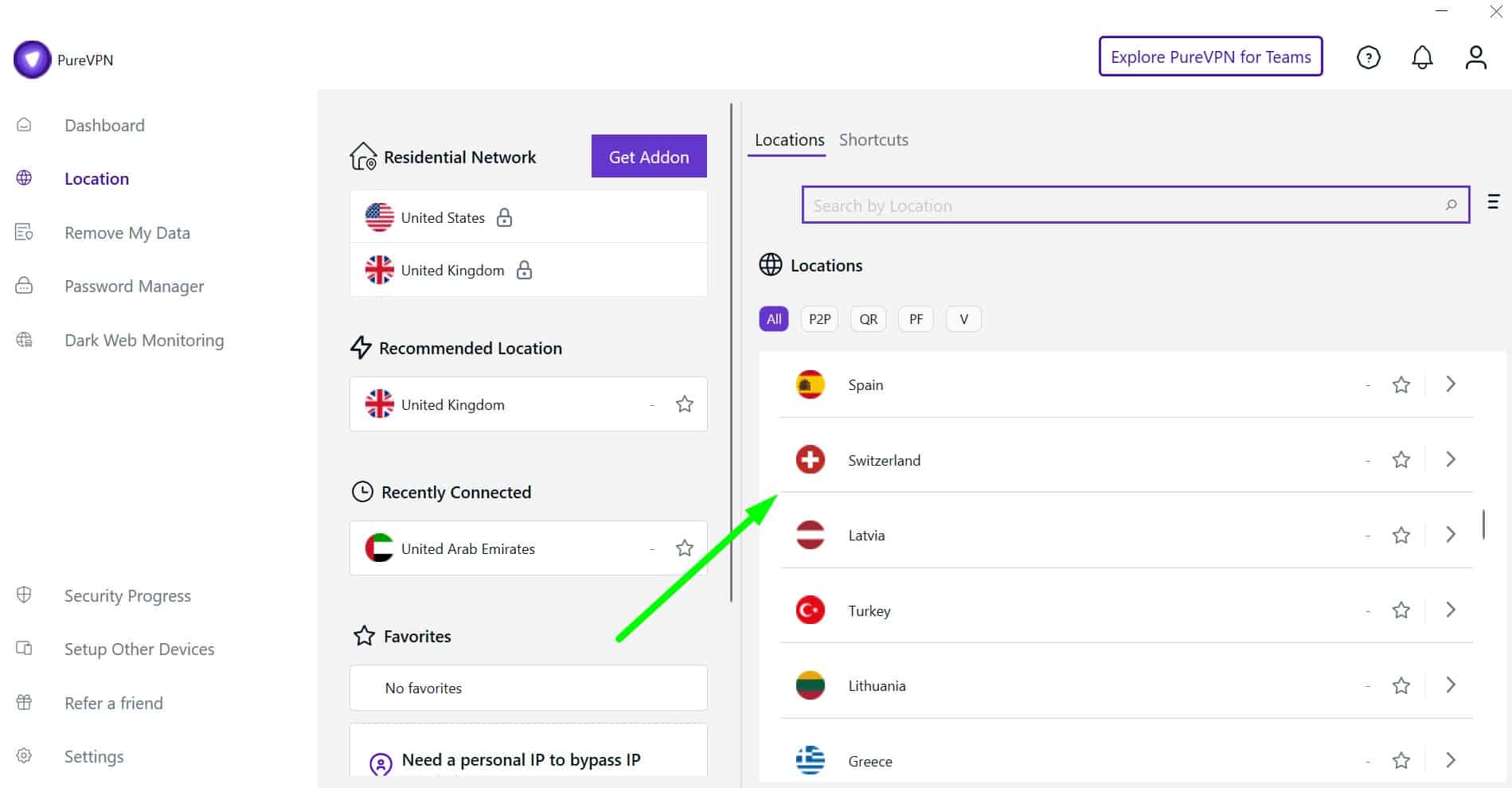 Screenshot of PureVPN's Swiss servers