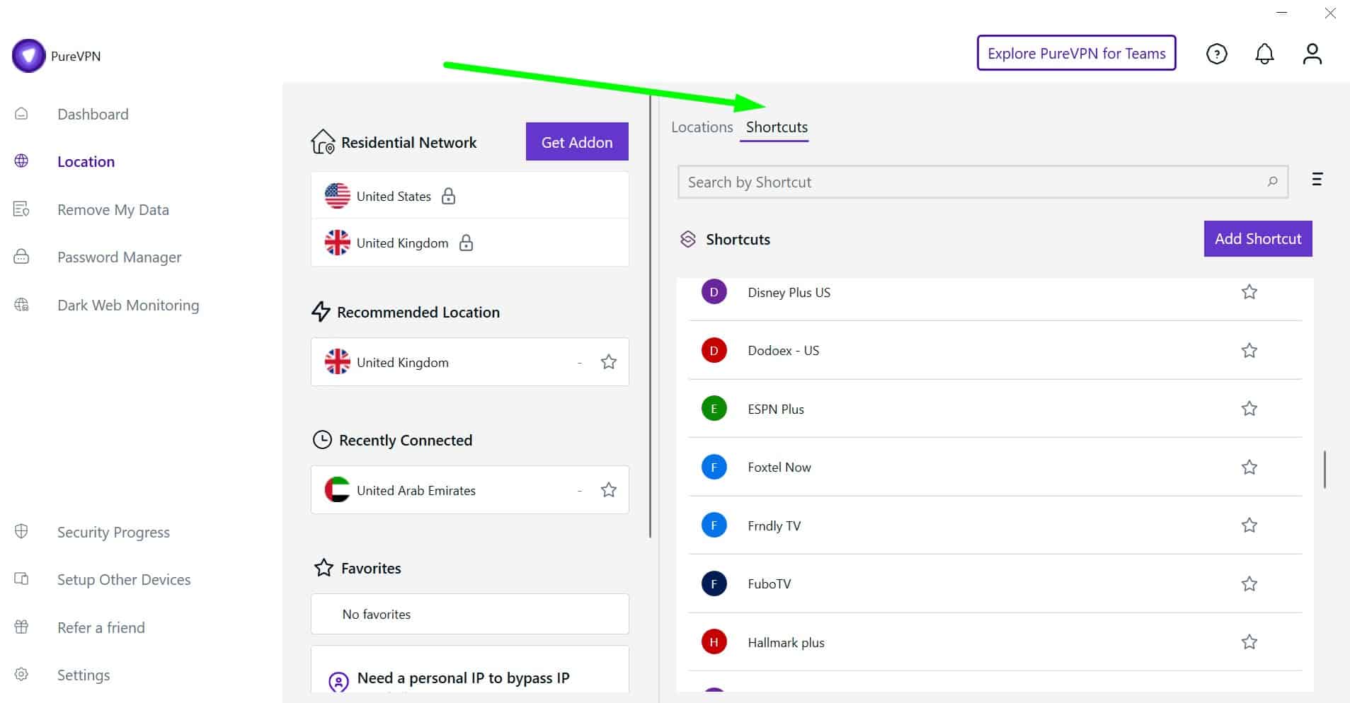 Screenshot of PureVPN's shortcuts tab