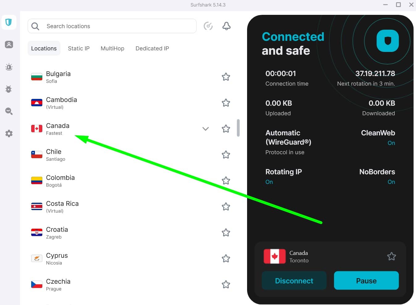 Screenshot of Surfshark's Canada servers