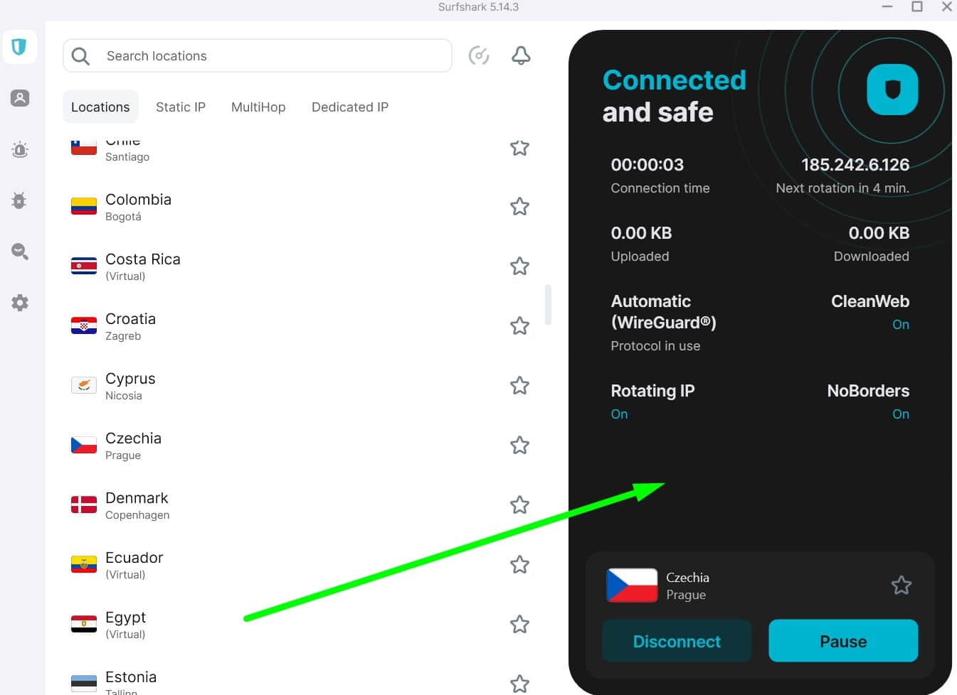 Screenshot of Surfshark's Czech servers