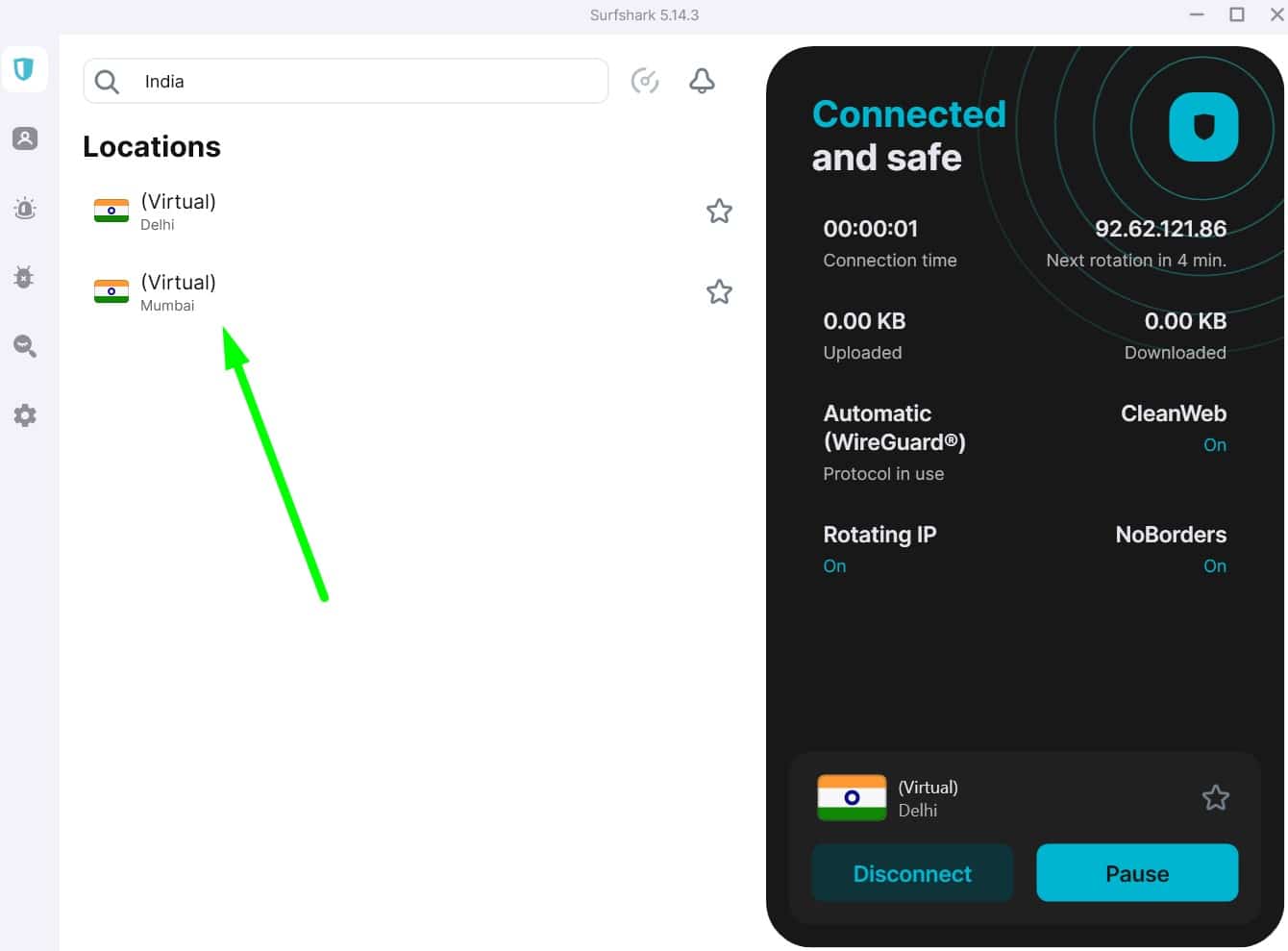 Screenshot of Surfshark's Indian servers