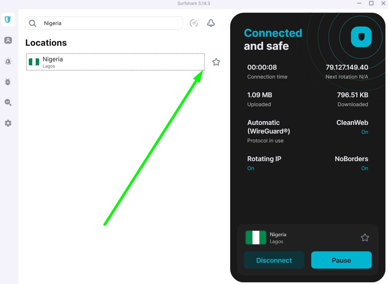 Screenshot showing Surfshark's Nigeria servers