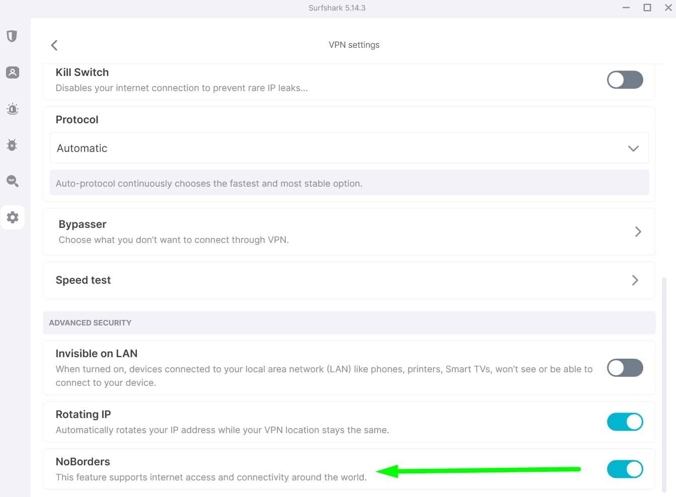 Screenshot of Surfshark's NoBorders mode