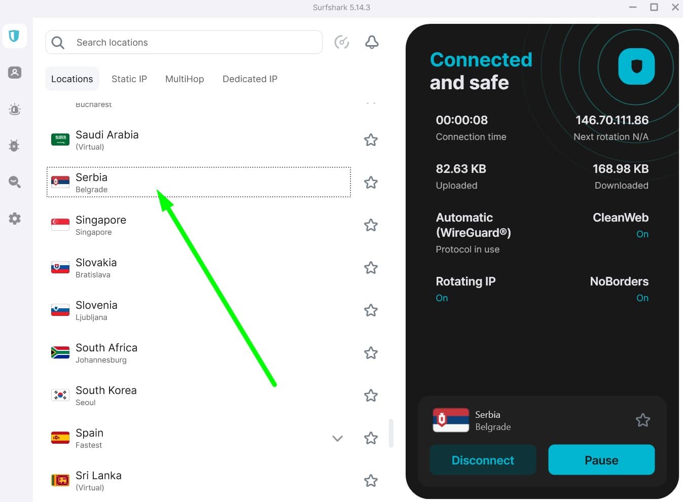 Screenshot showing Surfshark's Serbia servers