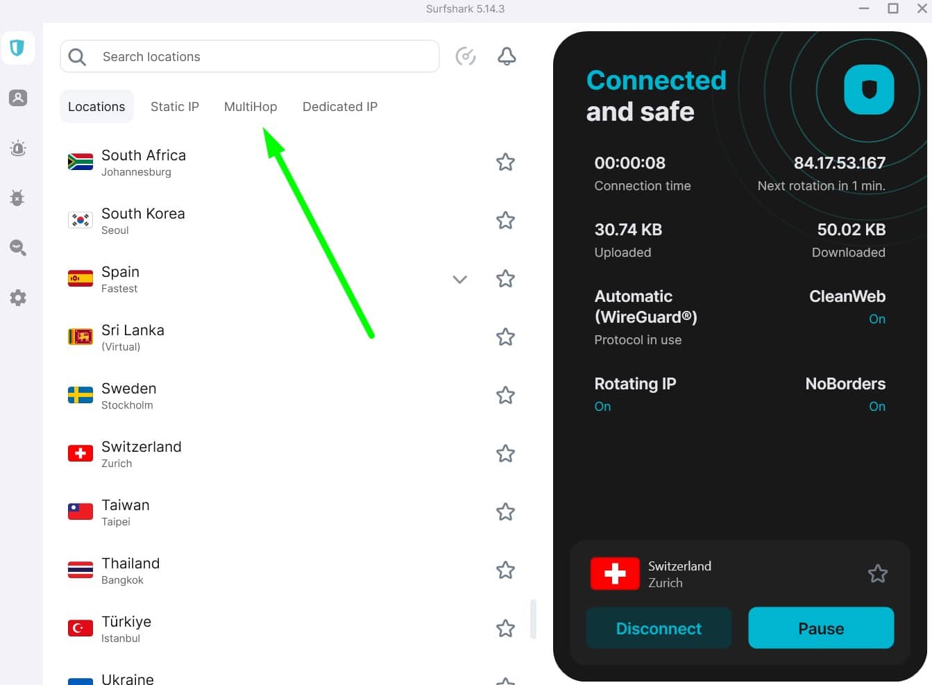 Screenshot showing Surfshark's swiss servers