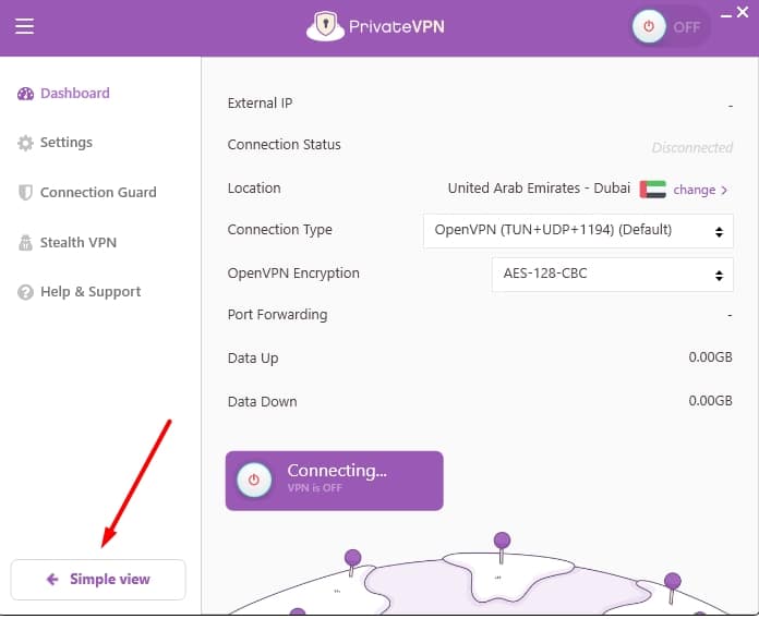 PrivateVPN's Advanced view.