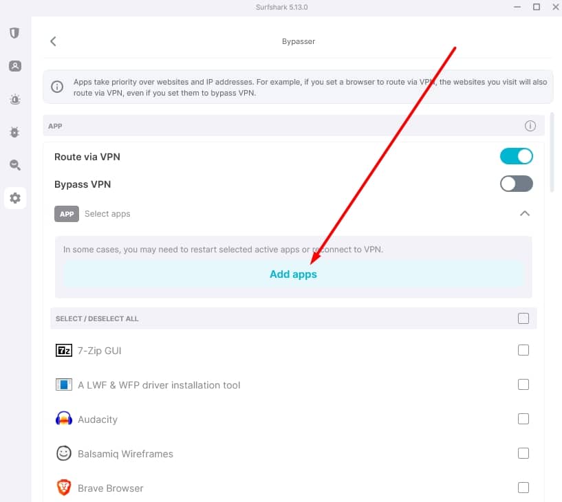 Surfshark's Bypasser feature.