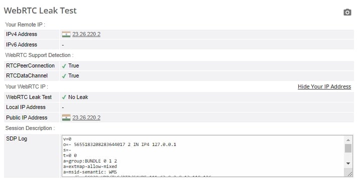 CyberGhost's WebRTC leak test.