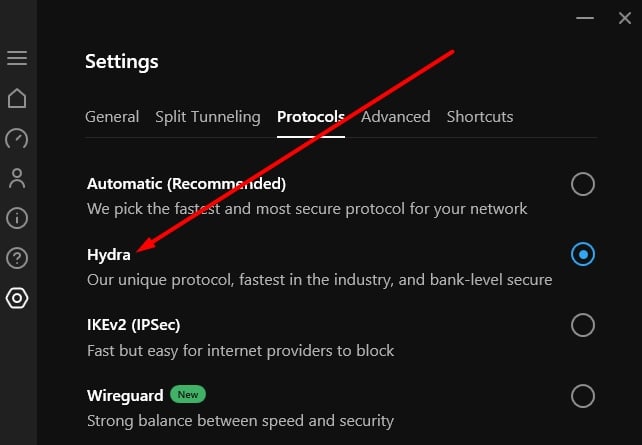 Hotspot Shield's protocol options.