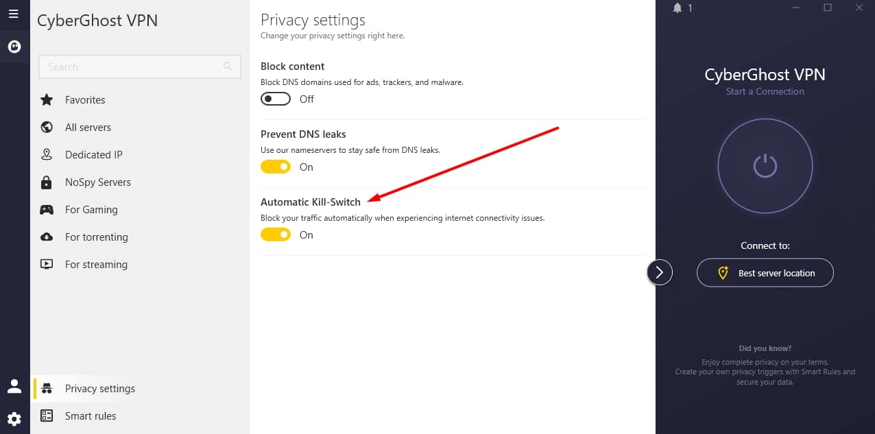 CyberGhost's Privacy settings.
